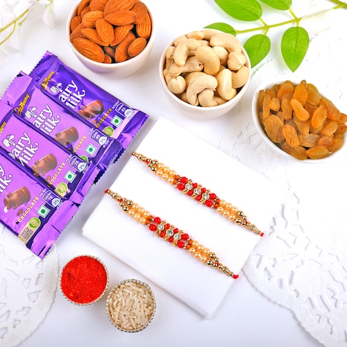 Buy Set Of 2 Rakhi With Chocolate And Dry Fruits Hamper