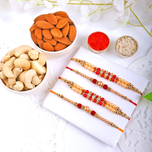 Buy Beautiful Set Of 4 Rakhi With Dry Fruits  Combo