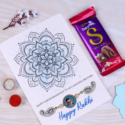 Buy Personalized Rakhi with Greeting Card and Chocolate Treat