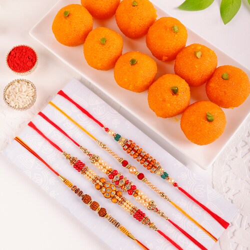 Buy Motichoor Laddoo Delights With Set Of 5 Rakhis