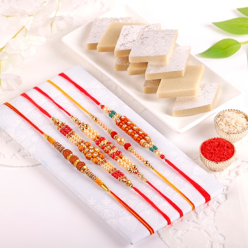 Buy 5 Rakhis With Kaju Katli Ensemble