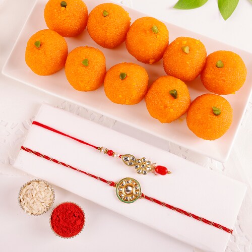 Buy Kundan Rakhi Duo With Motichoor Laddoo