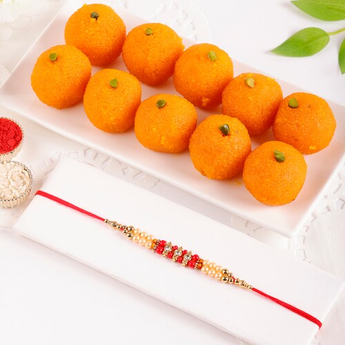 Buy Single 2 Layer Pearl Rakhi With Motichoor Laddoo 500 gm