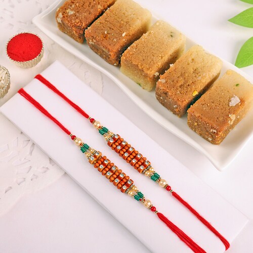 97885_Mix Beads Set Of 2 Rakhi With Milk Cake