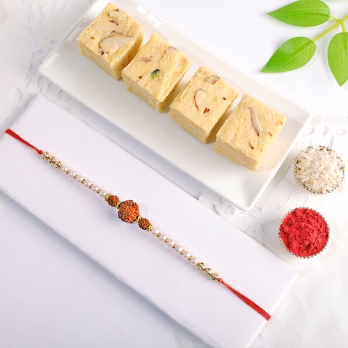 Buy Pearl And Rudraksha Rakhi With Soan Papdi 250 gm