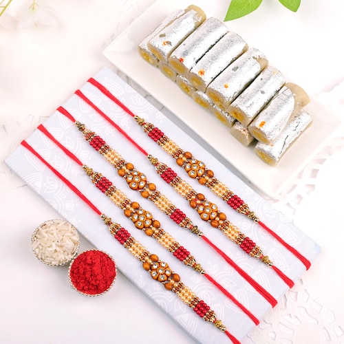 Buy Beauiful Flower Rakhi With Roll Kaju Kaju Set Of 5