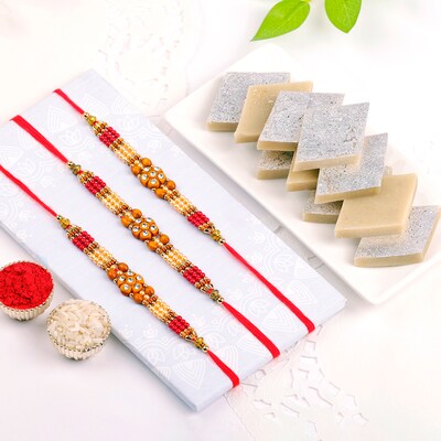 Unique Set Of 3 Rakhi With Kaju Katli