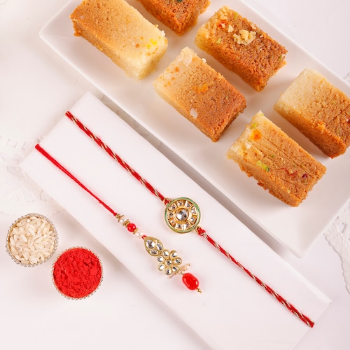 Buy Kundan Couple Rakhis With Milk Cake Delights