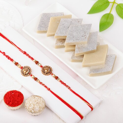 Buy Double Joy Ganesh Rakhis with Kaju Katli