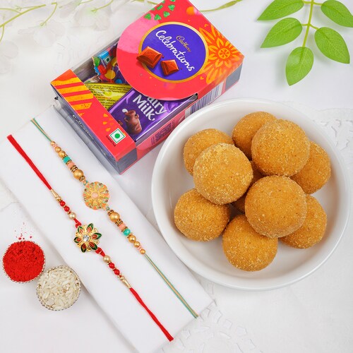 Buy Designer Rakhi Duo with Ladoo and Celebration