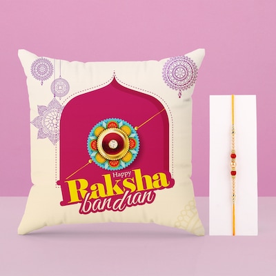 Happy Raksha Bandhan Cushion With Rakhi Combo