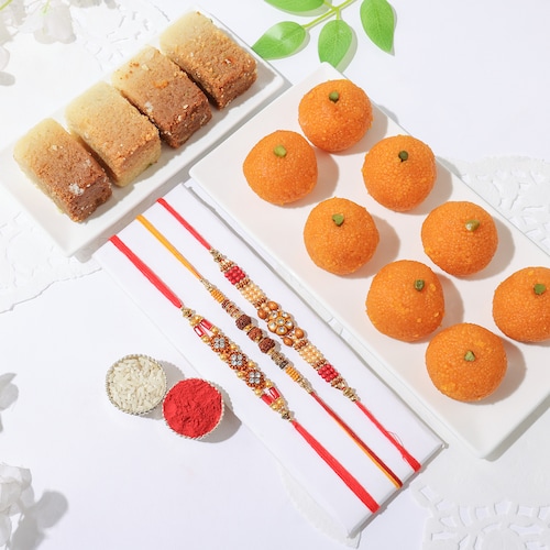 Buy Beautiful Rakhi Set with Sweets Pack