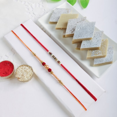 Set Of 2 Rakhi With Kaju Katli