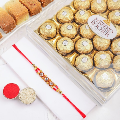 Buy Rakhi with Ferrero Rocher and Milk Cake Delight