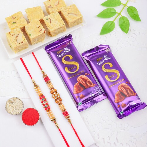 Buy Pretty Rakhi Duo with Soan Papdi and Silk Love