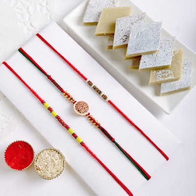 Set Of 3 Rakhi With Kaju Katli