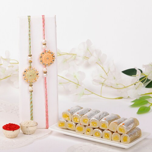 Buy Ethnic Rakhi Set of 2 with Kaju Katli Rolls