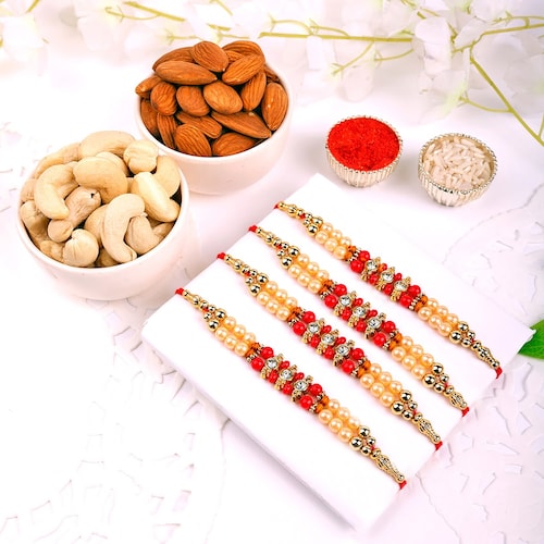 Buy Set Of 4 Beads Rakhi With Dry Fruits Combo