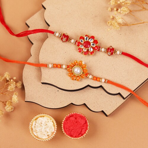 Buy Red Orange Floral Pacchi Set Of 2 Rakhis