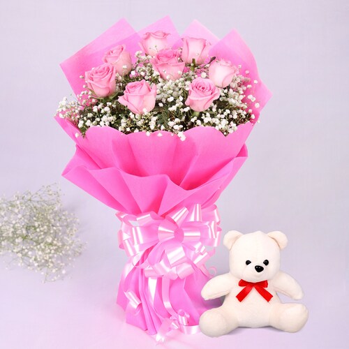 Buy Pink Roses Bouquet with Teddy Bear