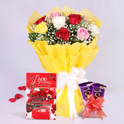 Buy Mixed Roses with Chocolate and Greeting Card