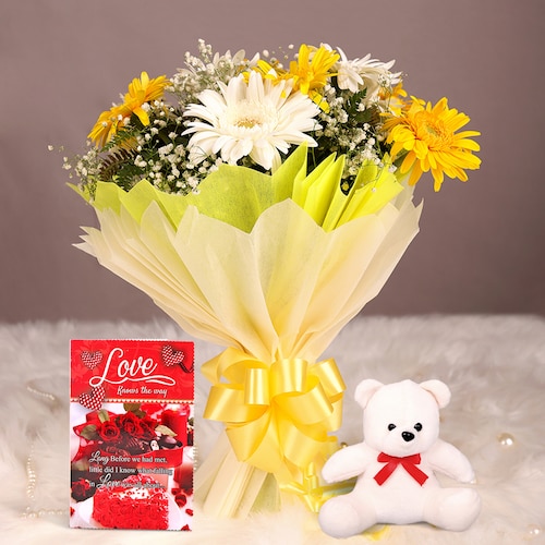 Buy Gerberas with Teddy Bear and Greeting Card