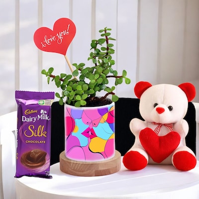 Kissing Planter with Jade Teddy and Heart Tag