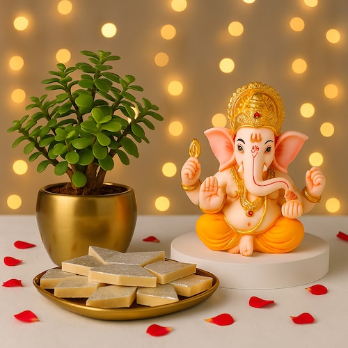Buy Ganesh Idol with Jade Plant and Sweets