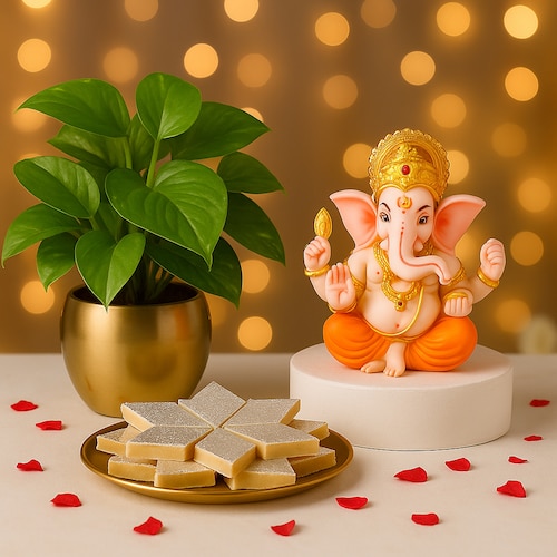 Buy Ganesh Idol with Money Plant and Sweets