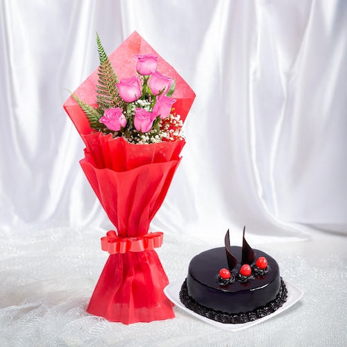 Buy Beautiful Pink Roses with Truffle Cake