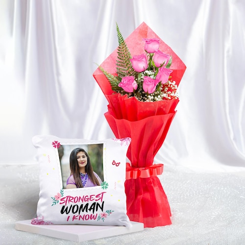 Buy 6 Pink Roses with Personalized Womens Day Cushion