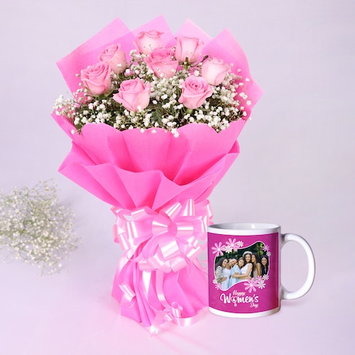 Buy 8 Pink Roses With Personalized Womens Day Mug