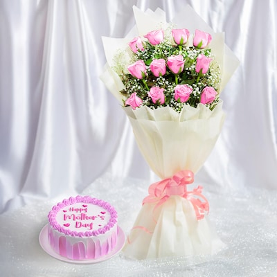 Mothers Day Pink Roses with Vanilla Cake Delight