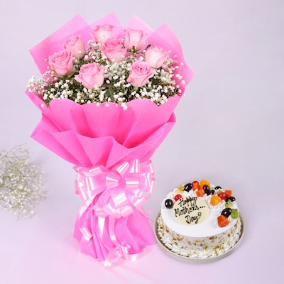 Mothers Day Fruit Cake with Pink Blooms