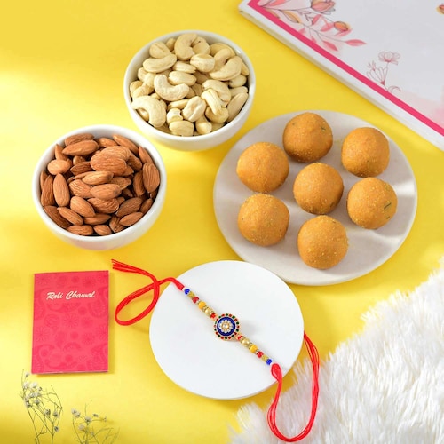 Buy Single Rakhi With Besan Laddoo and Dryfruits