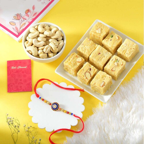 Buy Single Rakhi With Soan Papdi and Cashew