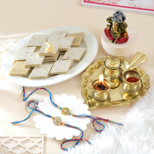 Buy Divine Duo Rakhi Hamper with Kaju Katli and Pooja Thali