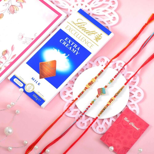 Buy Set of Rakhi With Lindt Extra Creamy Milk 100gm