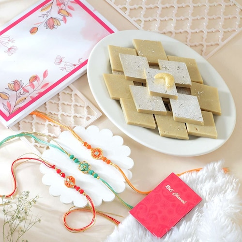 Buy Set of 3 Enchanting Rakhi with Kaju Katli