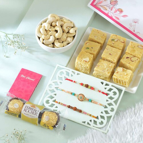 Buy Set of Three Rakhi and Gourmet Hamper