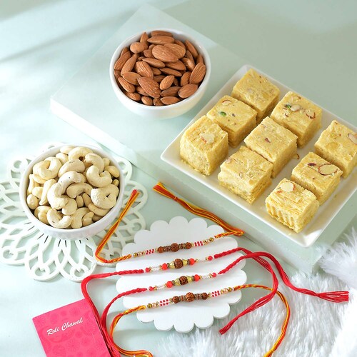 Buy Four Set Rudraksha Rakhi with Soan Papdi and Dryfruits