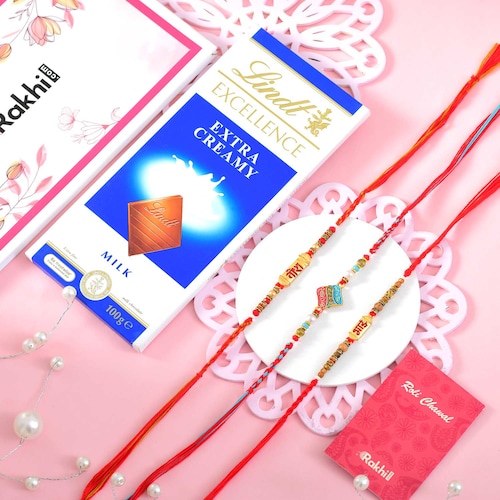 Buy Set of 3 Bhai Rakhis with Lindt Extra Creamy Chocolate
