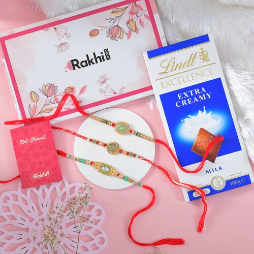 Buy Set of 3 Stunning Rakhi with Lindt Extra Creamy Chocolate