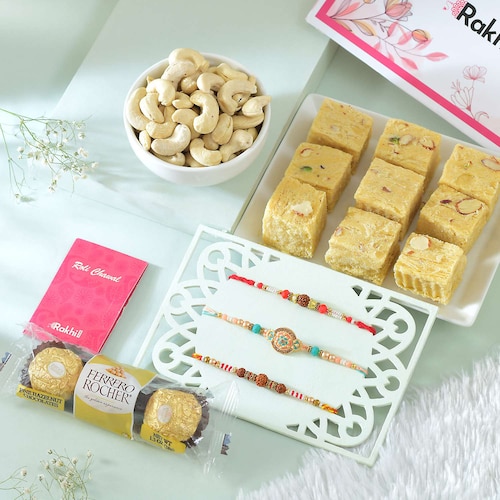 Buy Set of 3 Graceful Rakhi with Gourmet Hamper