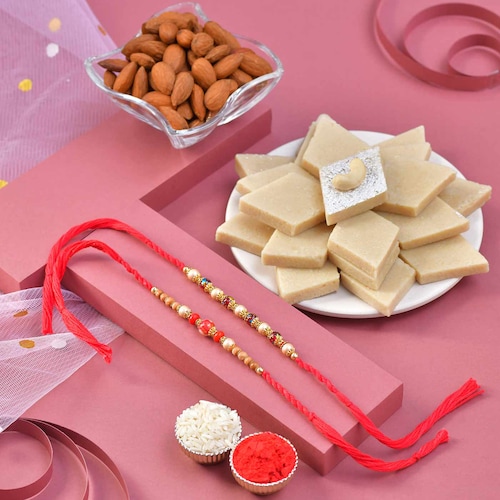 Buy Radiant Pearl Rakhi with Sweets and Dryfruits