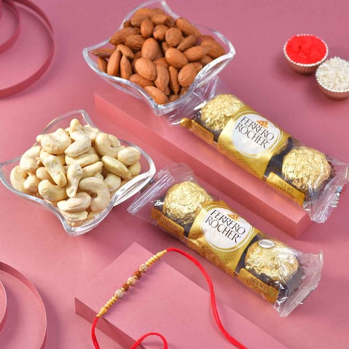 Buy Golden Rudraksha Rakhi with Chocolate and Dryfruits