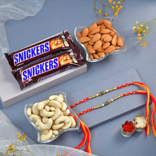 Buy Gold Beads Rakhi with Chocolate Dryfruits