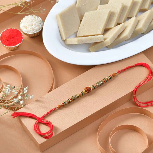 Buy Single Rudraksha Rakhi with Kajukatli
