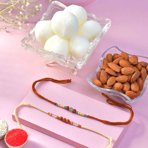 Buy Rudraksha Rakhi Set of 2 with Dryfruits and Sweets