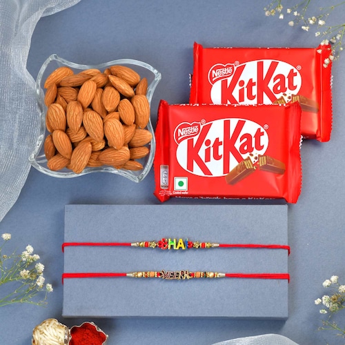 Buy Mix Beads Rakhi Set of 2 with Dryfruits and Chocolate